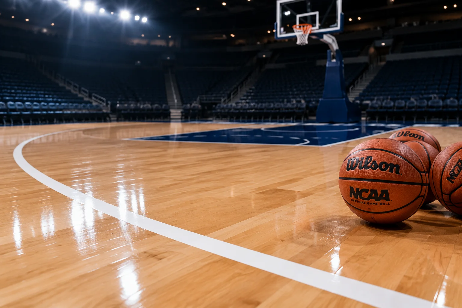 Ligne des trois points sur le parquet et ballons de match NBA